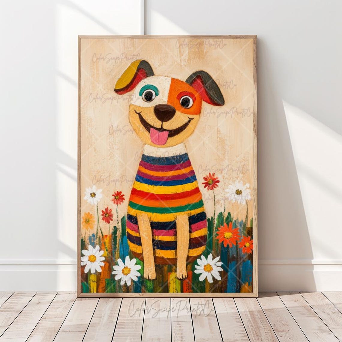 Colorful Striped Dog Wall Art Smiling Dog Painting Whimsical Dog Print Cute Animal Poster Nursery Animal Decor Rainbow Pet Illustration