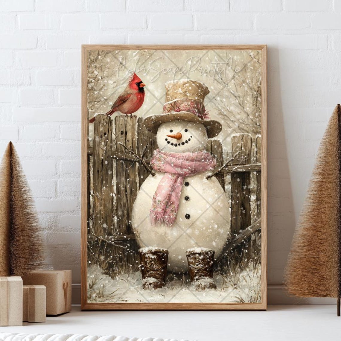 Vintage Snowman in Top Hat with Pink Scarf and Red Cardinal Poster - Image 3