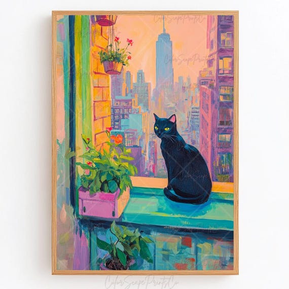 Black Cat City View Art Print, Cozy NYC Decor
