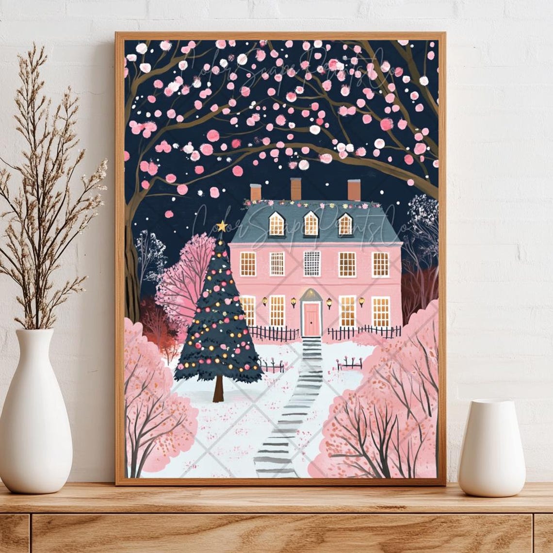 Pink Manor House Christmas Tree Snowy Night Blossom Sky Poster - Image 3