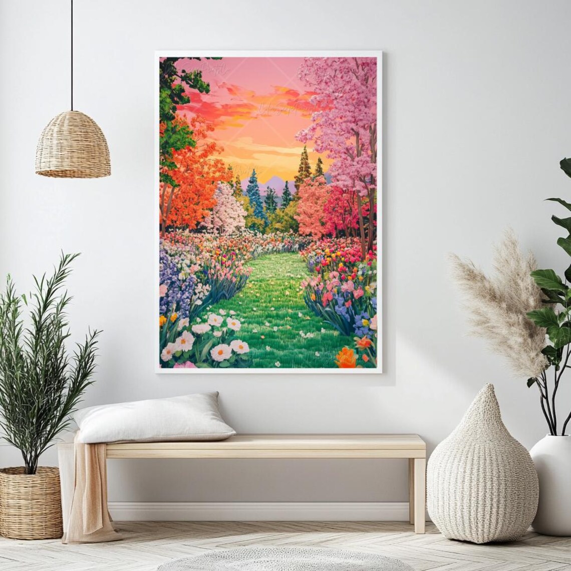 Spring Painting Flower Garden Print Nature Painting Colorful Landscape Wall Art Spring Village Print Summer Wall Art Wildflower Field Print - Image 4