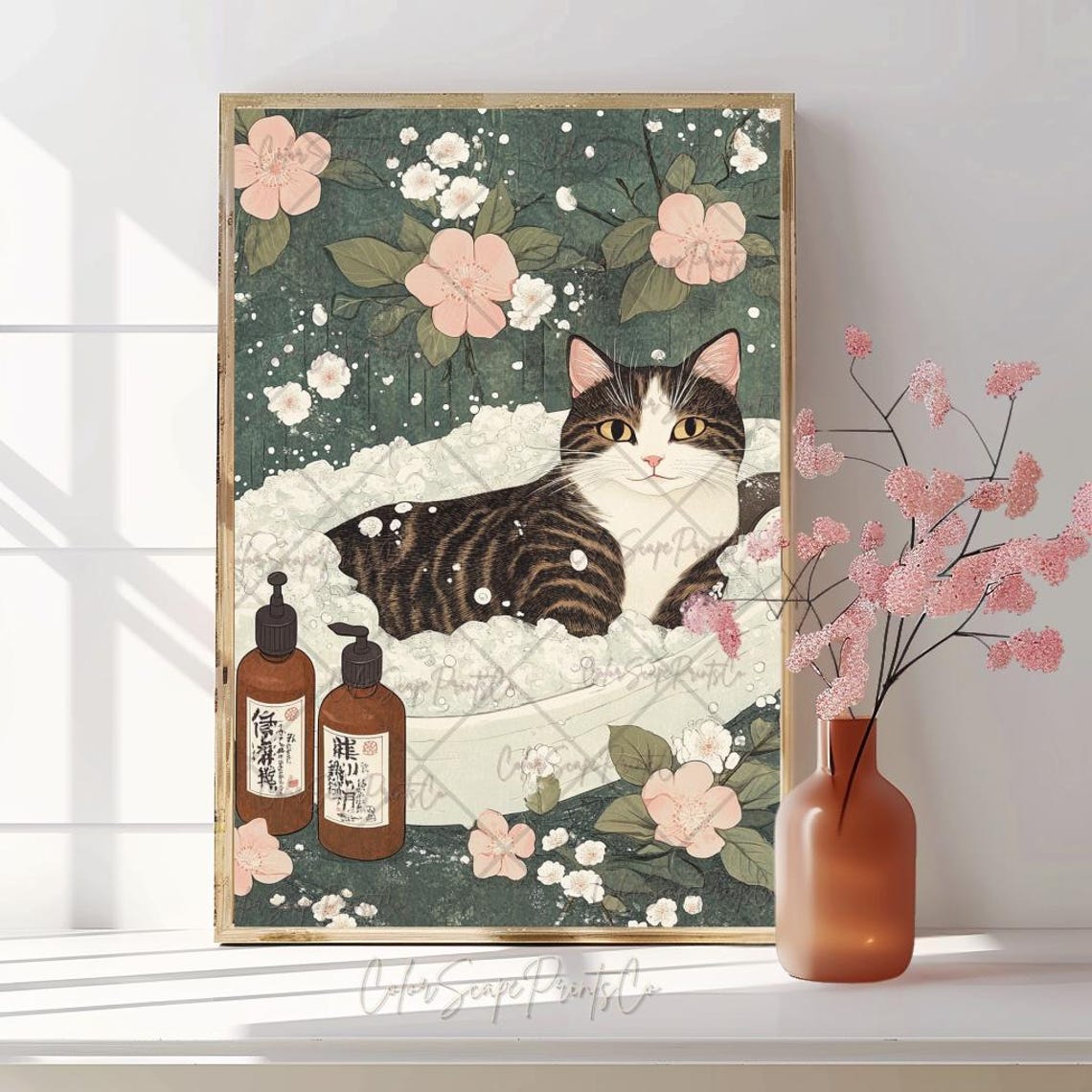 Tabby Cat Bubble Bath With Cherry Blossoms Relaxing Spa Art Poster - Image 4