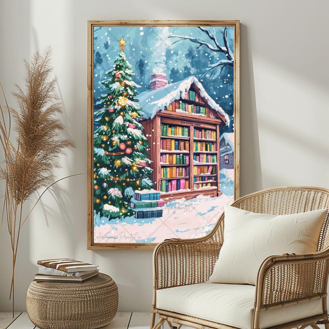 The Story Cabin Filled with Books in Snow with Christmas Tree Poster - Image 2