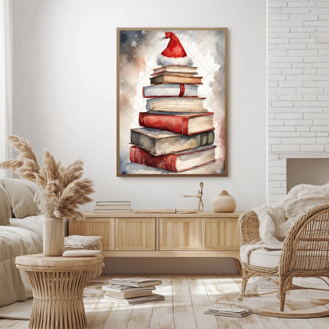 Stack of Books Topped with Santa Hat Watercolor Christmas Poster - Image 3