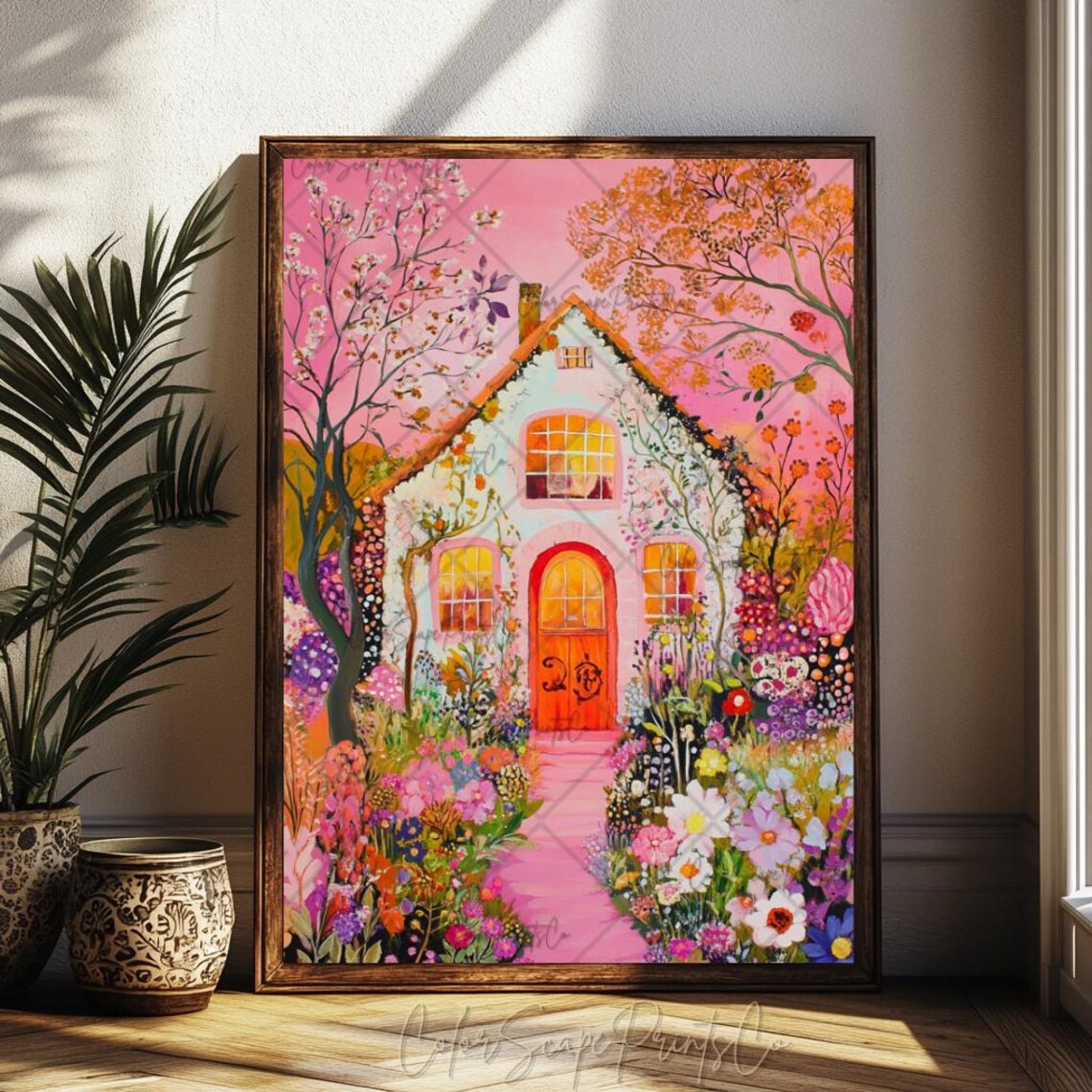 Pink Flower Cottage in Blooming Garden Romantic Floral Poster - Image 2