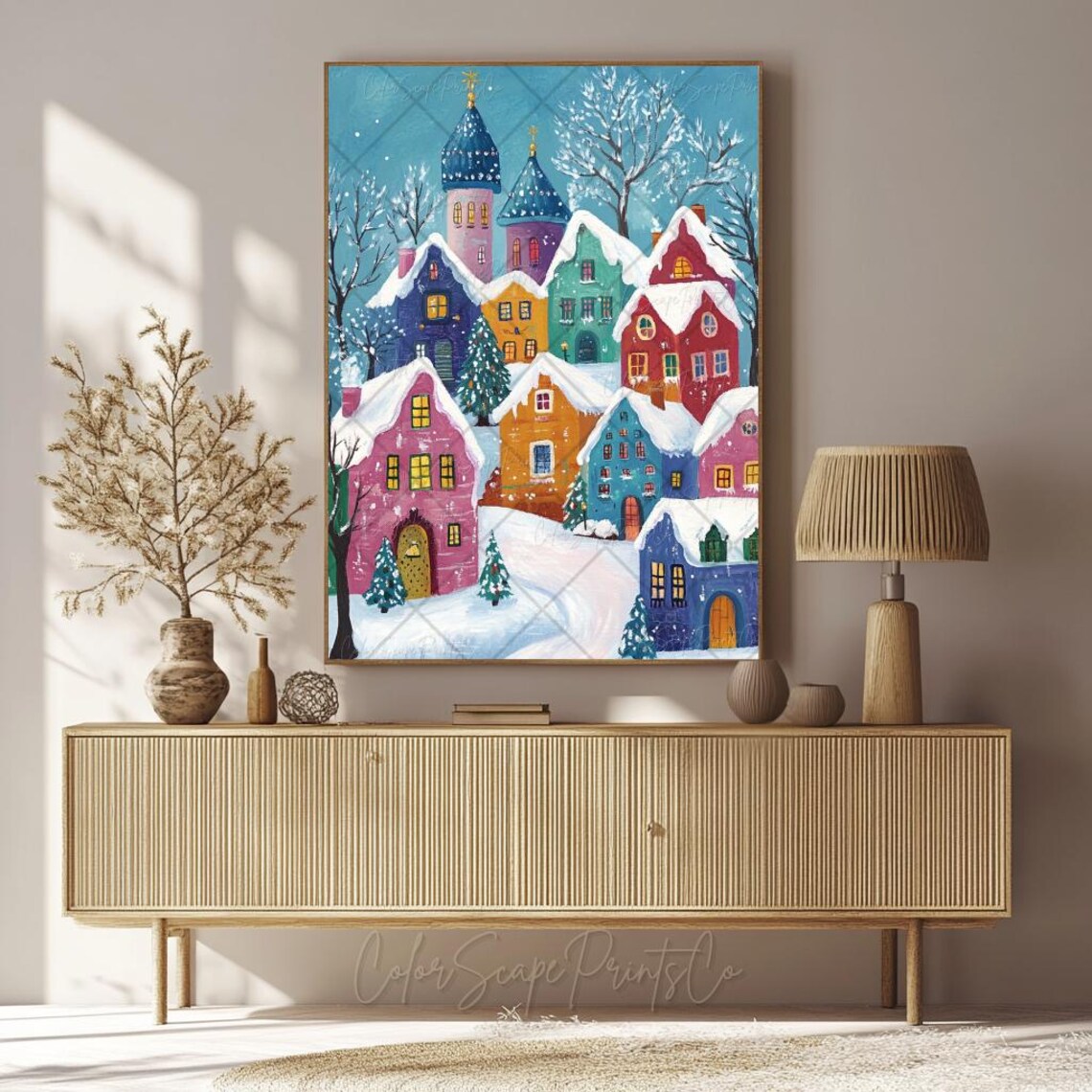 Colorful Snowy Christmas Village Under Starry Blue Sky Painting Poster - Image 4