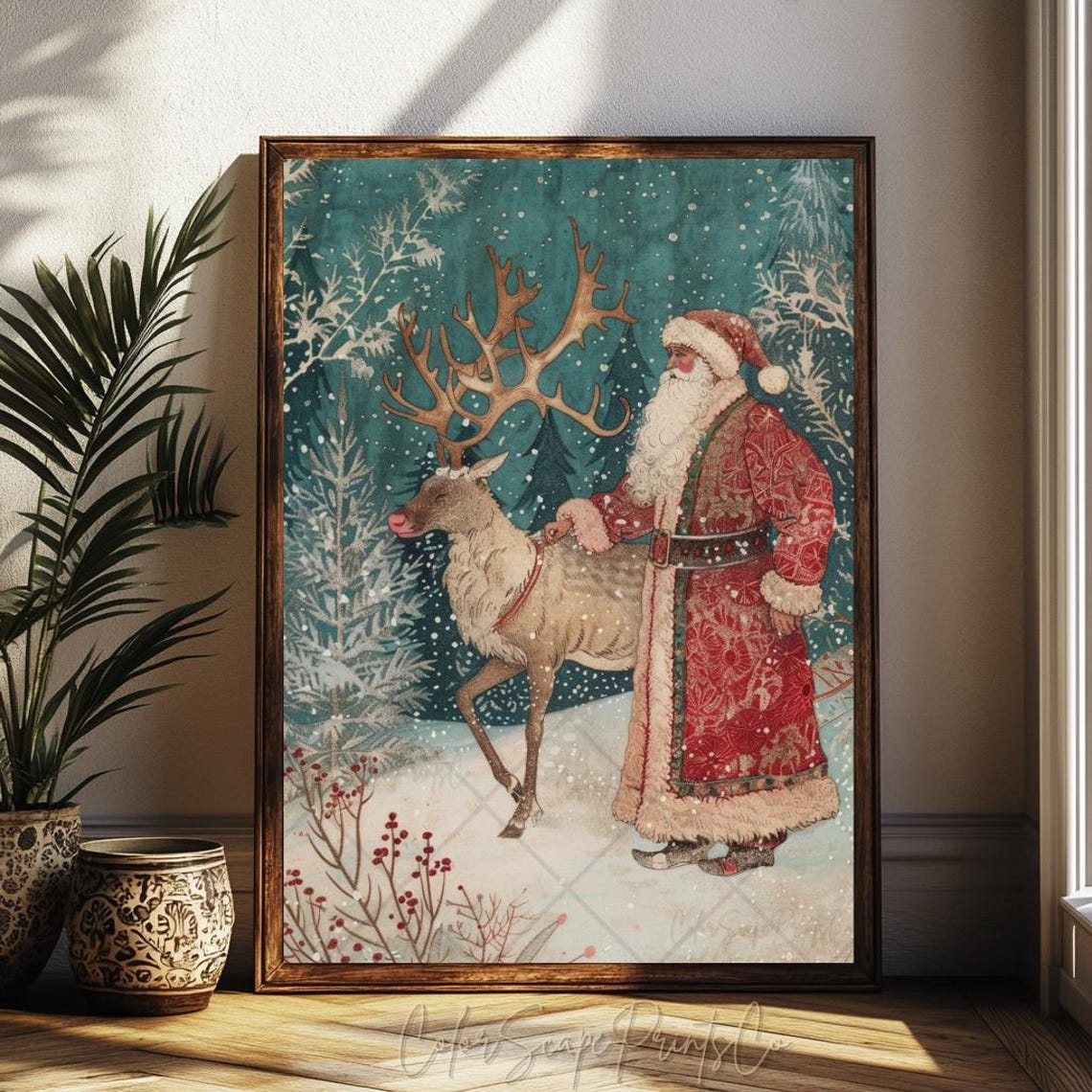Santa Claus And Reindeer Wall Art Vintage Santa Claus Painting Santa Claus In Winter Forest Print Whimsical Christmas Print Ready To Hang - Image 3