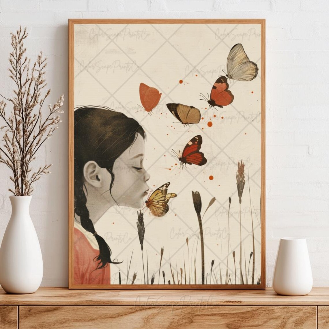 Girl And Butterflies Print Butterfly Wall Art Framed Antique Moth Painting Vintage Monarch Butterfly Print Vintage Art Prints Moody Wall Art - Image 4