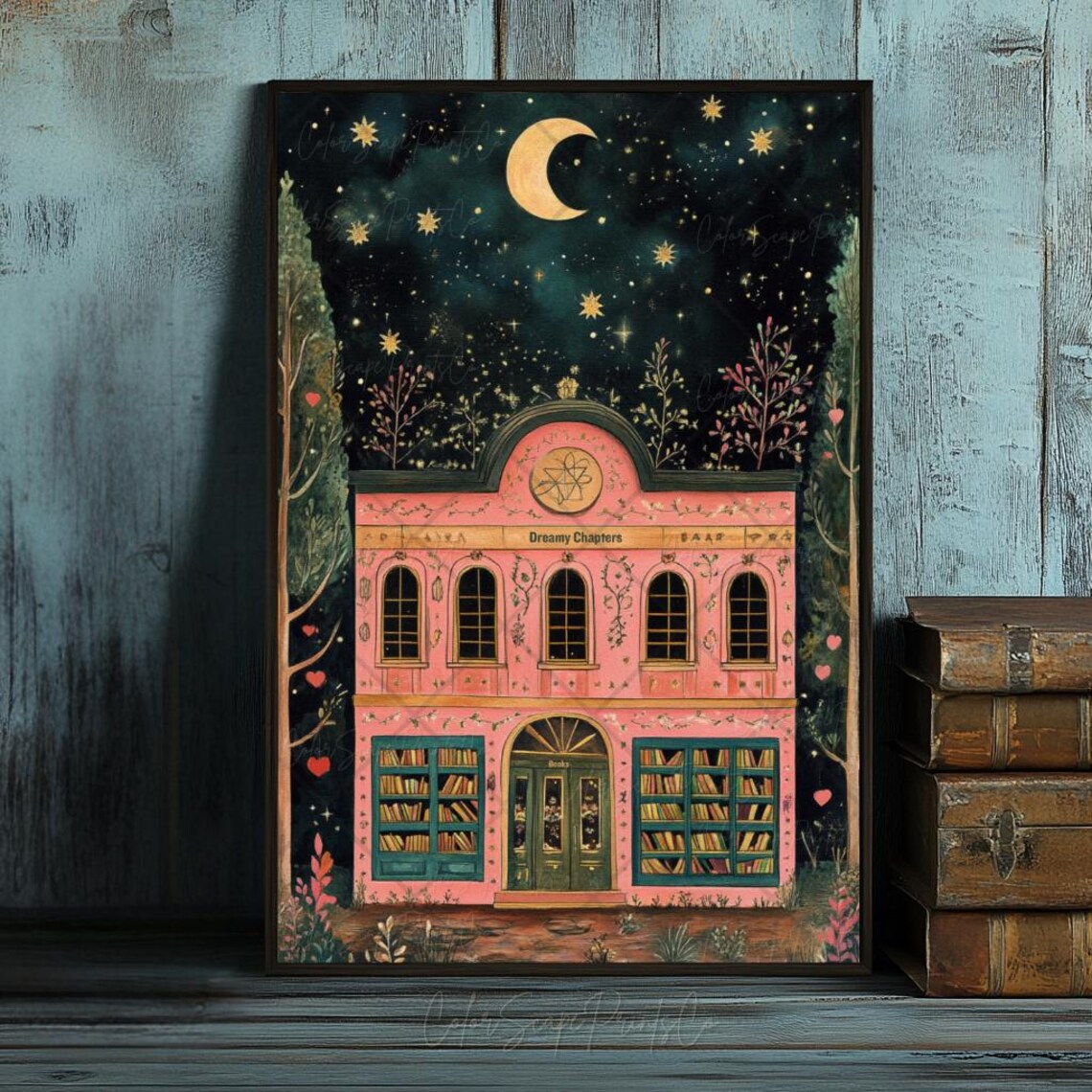 Dreamy Chapters Pink Bookshop Under Crescent Moon Night Poster - Image 3