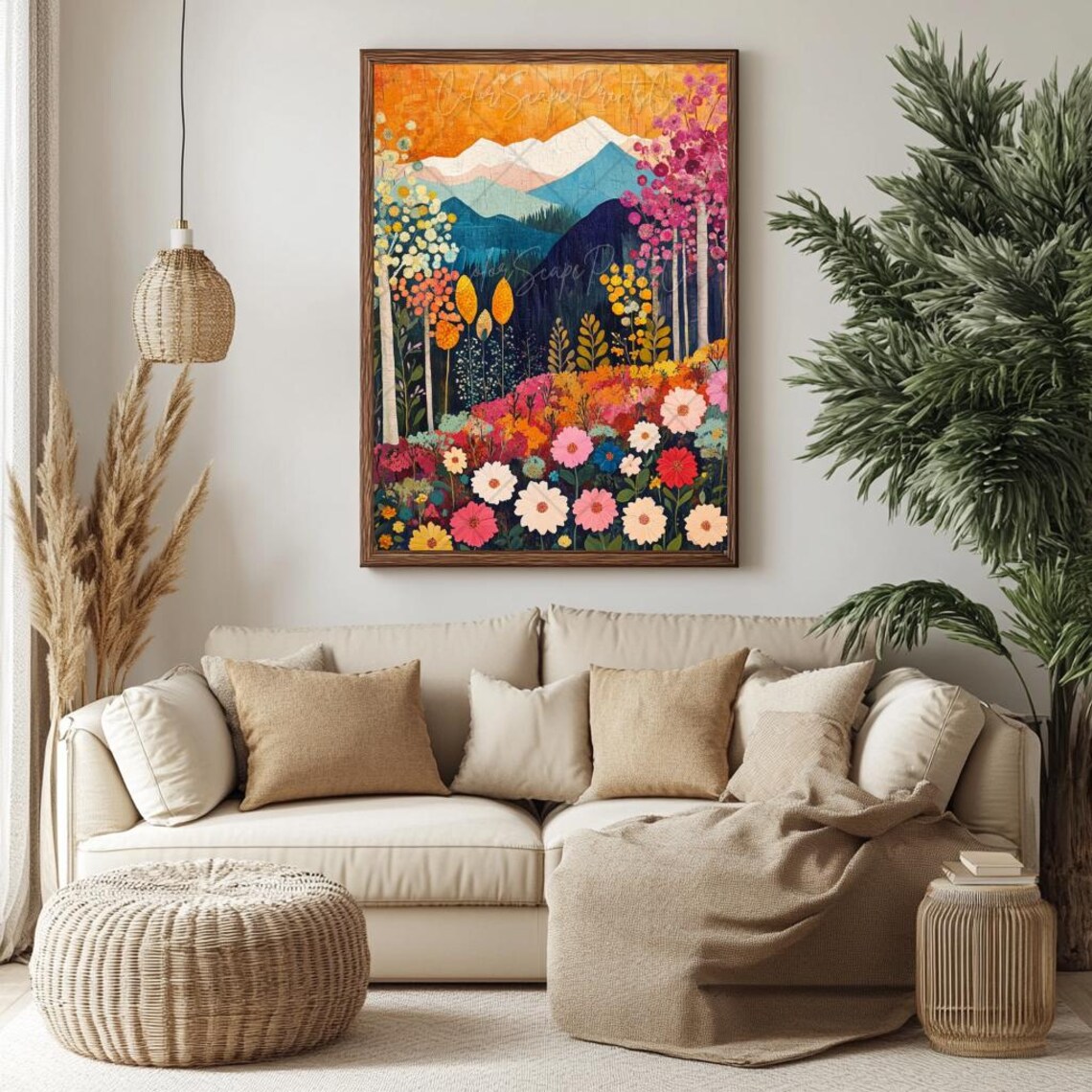 Colorful Wildflower Meadow Mountain Sunset Botanical Art Poster - Image 3
