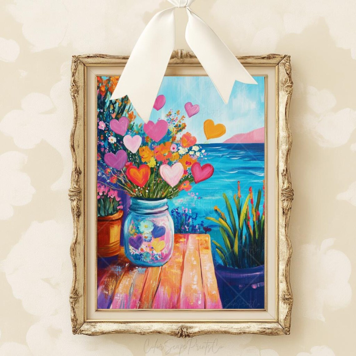 Heart Flowers Mason Jar Vase Painting Coastal Still Life Wall Art - Image 2