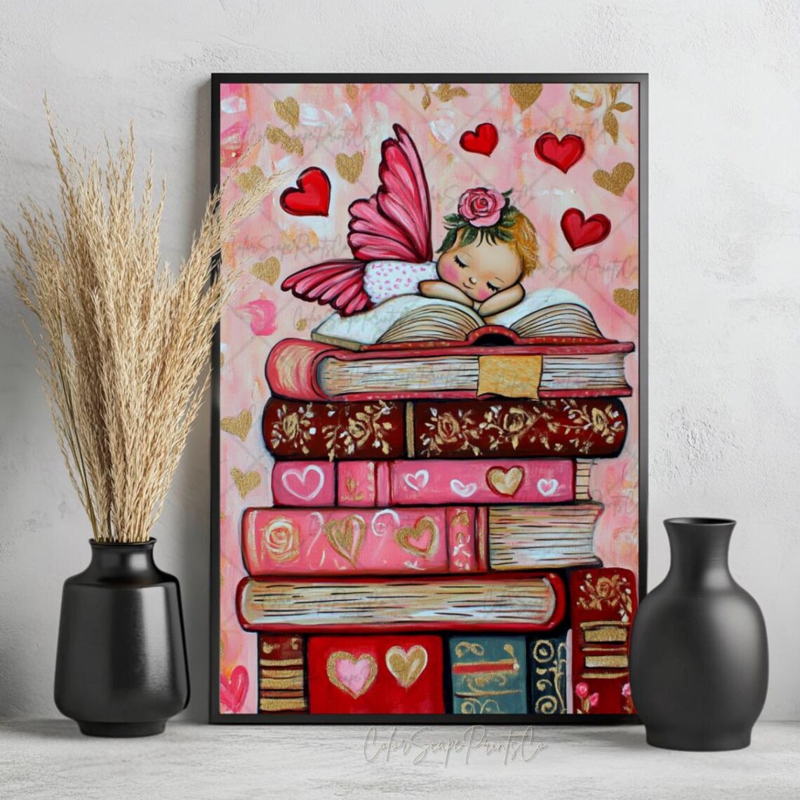 Sleeping Fairy Book Stack Painting Hearts Wings Pink Valentine Poster - Image 4