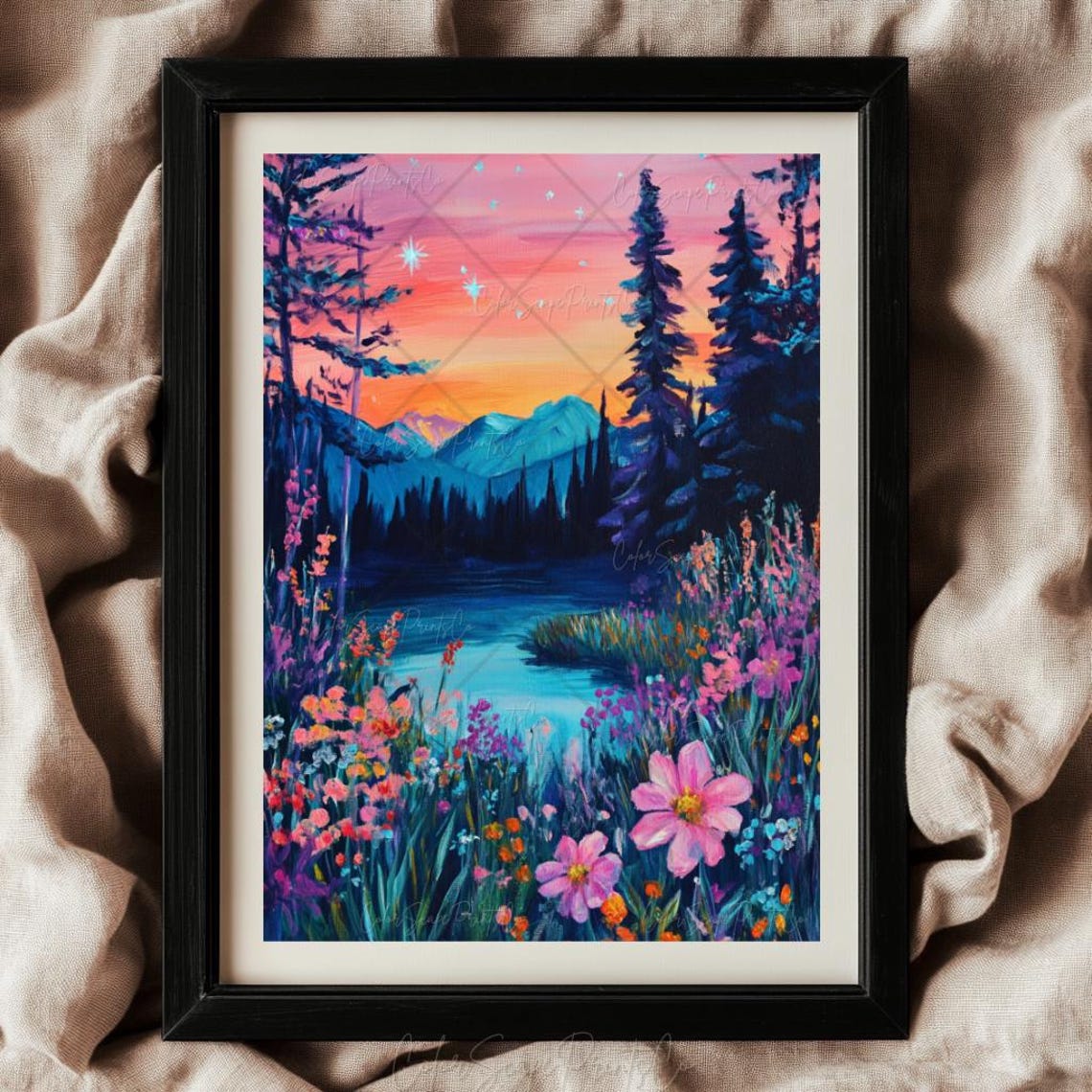 Wildflower Meadow Sunrise Over Mountains Colorful Nature Poster - Image 2