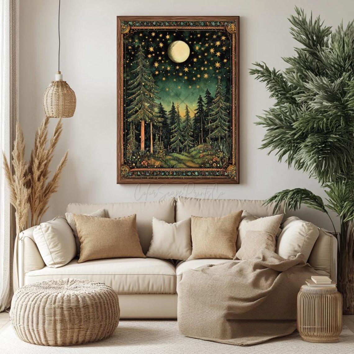 Moon and Stars Vintage Forest Landscape Art Print - Image 2