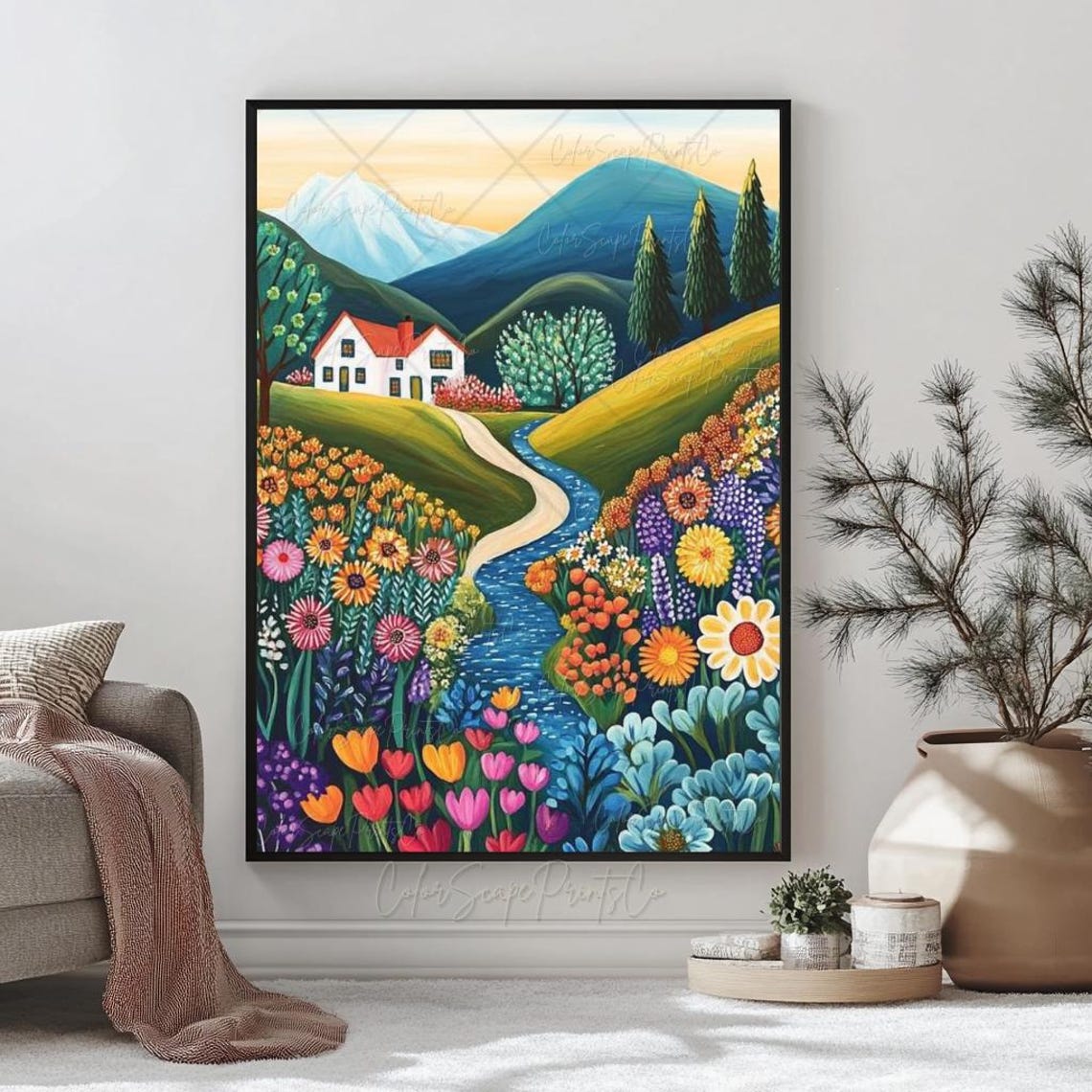 Mountain Stream Through Wildflower Meadow Cottage Scene Poster - Image 2