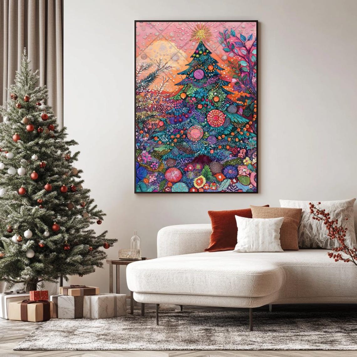 Whimsical Christmas Tree Colorful Boho Holiday Watercolor Poster - Image 4