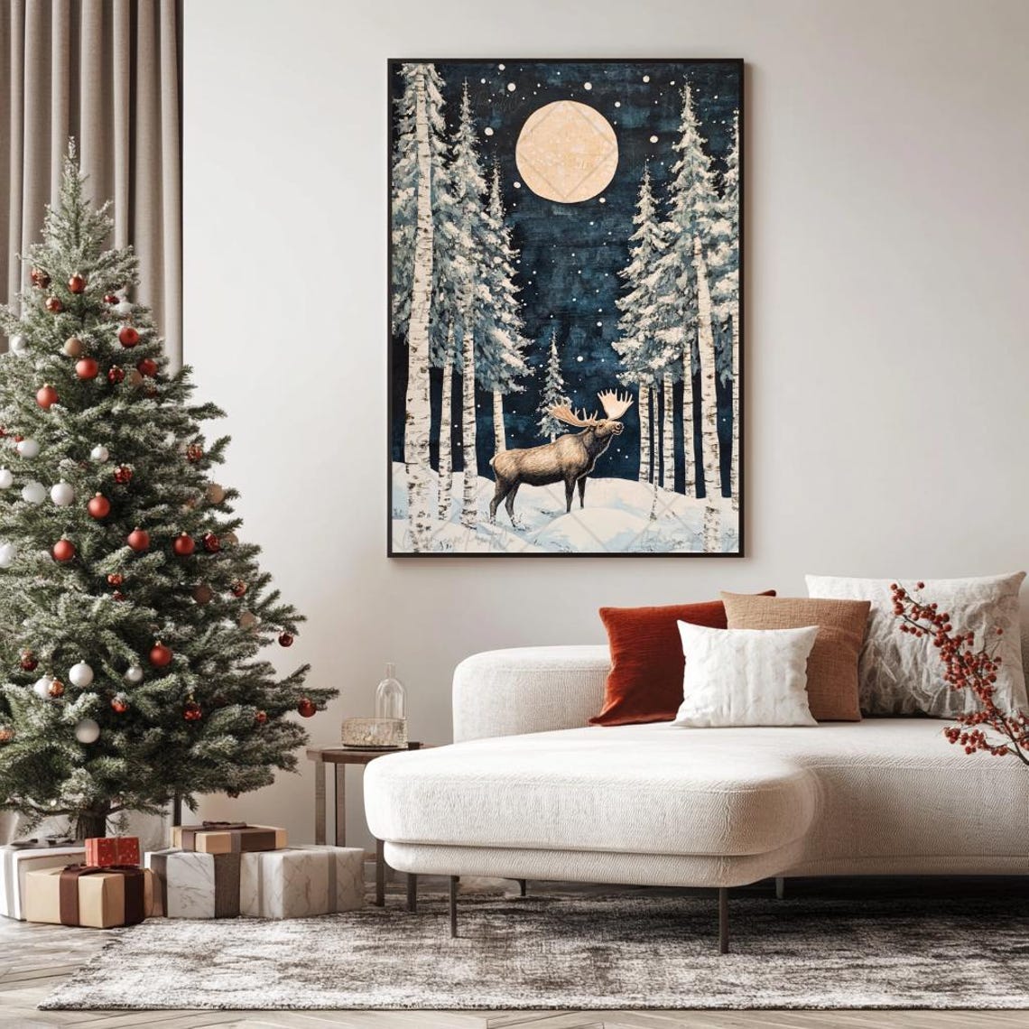 Moose Standing in Snowy Birch Forest Under Big Winter Moon Poster - Image 4