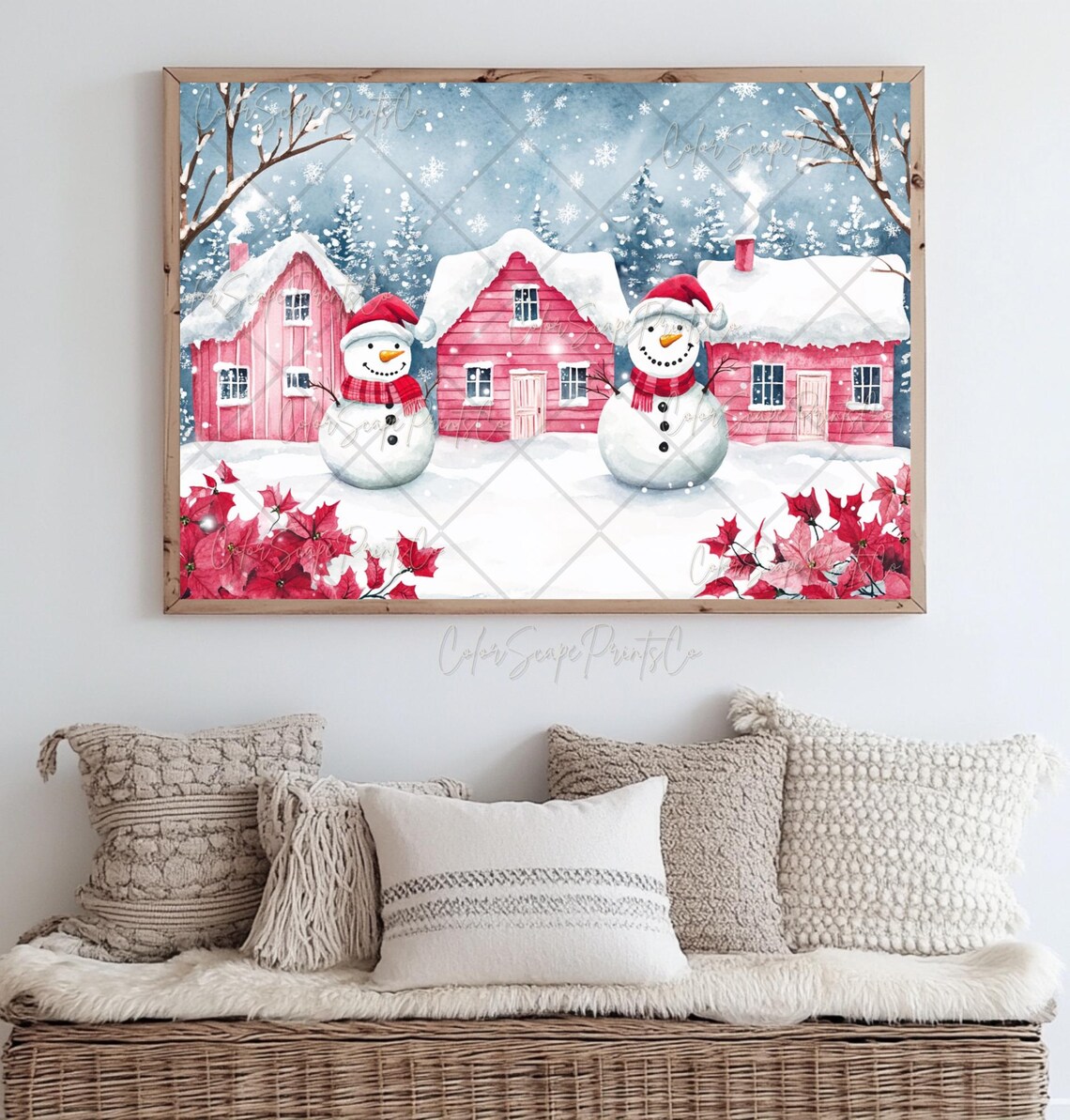 Pink Christmas Village Painting, Festive House Art Print - Image 2