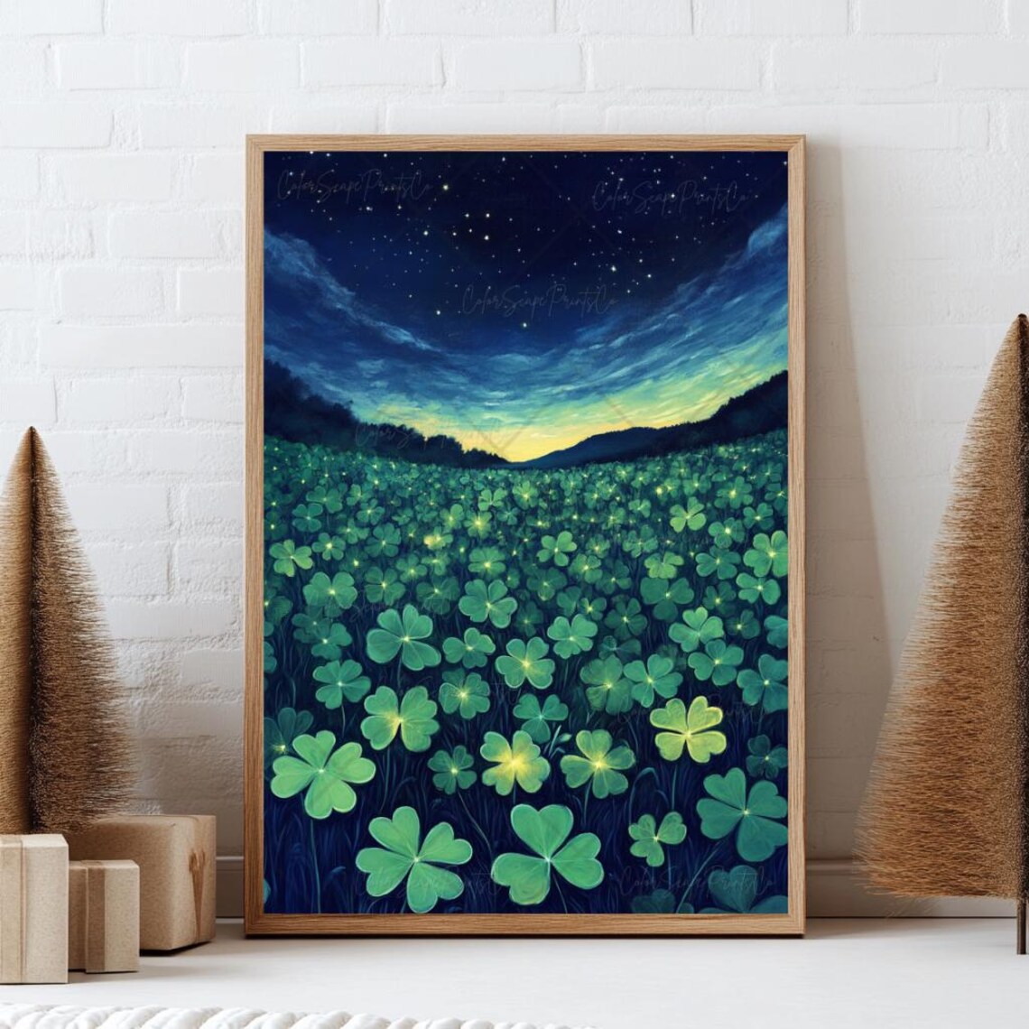 Shamrock Field Under Starry Night Sky St Patricks Day Painting Poster - Image 2