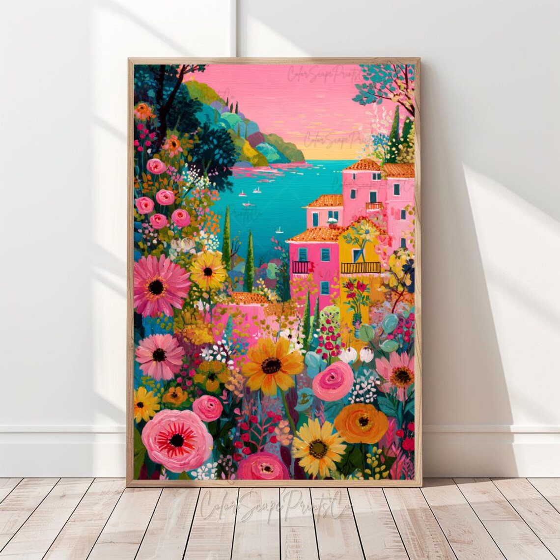 Colorful Italian Seaside Village Summer Coastal Painting Poster