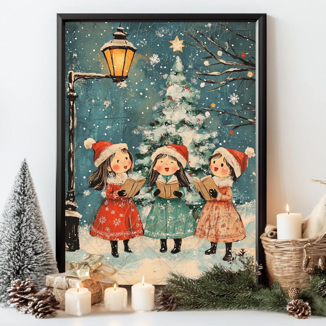 Christmas Carolers Christmas Wall Art Caroling Girls Cozy Christmas Art Christmas Children Winter Print Christmas Nursery Decor - Image 3