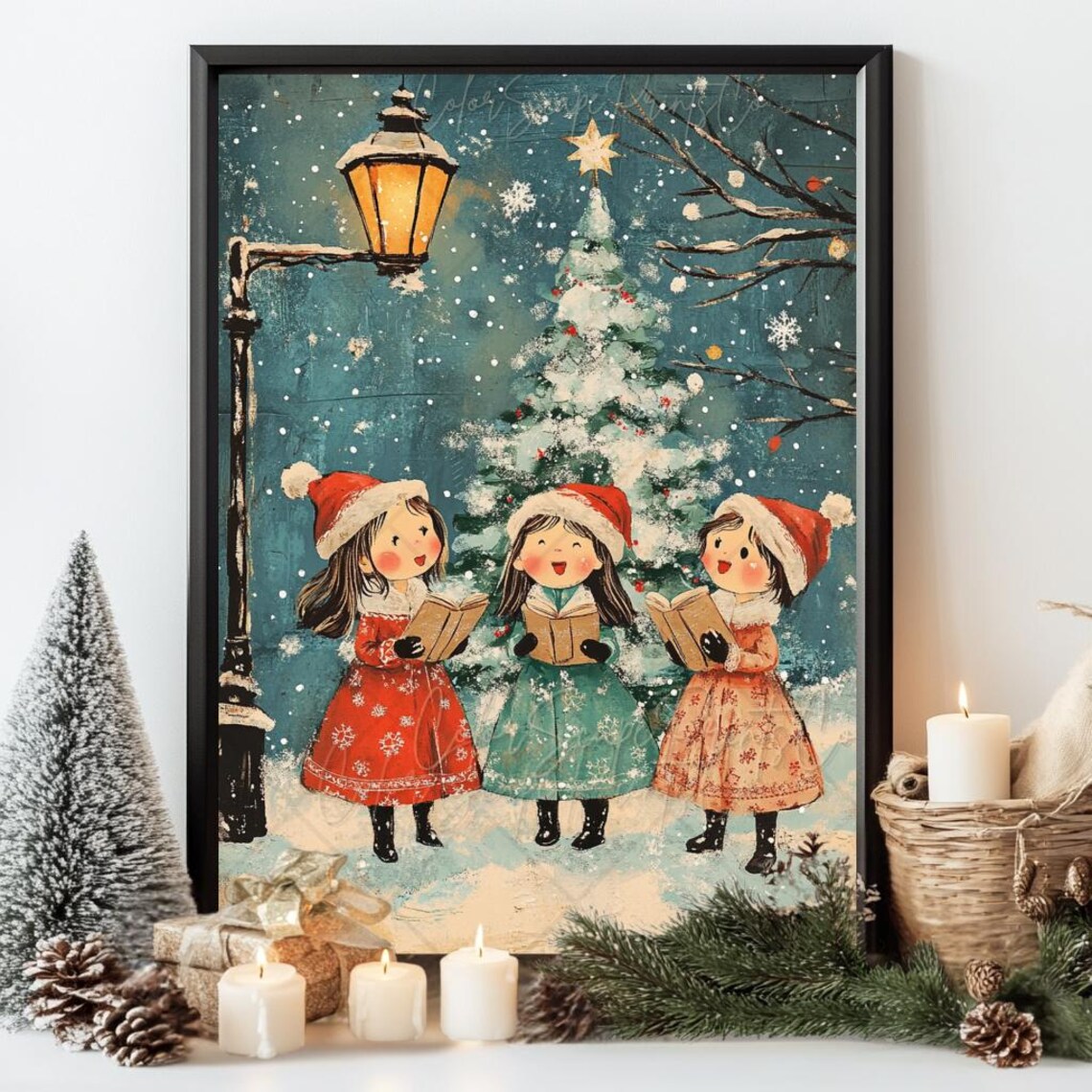 Vintage Christmas Carolers Three Girls Singing Snowy Night Poster - Image 3