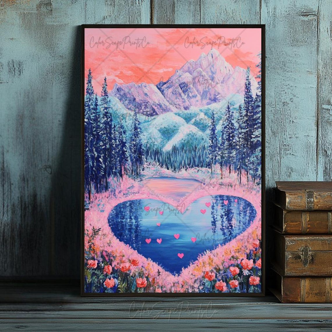 Heart Shaped Lake at Pink Sunset Romantic Mountain Landscape Poster - Image 2