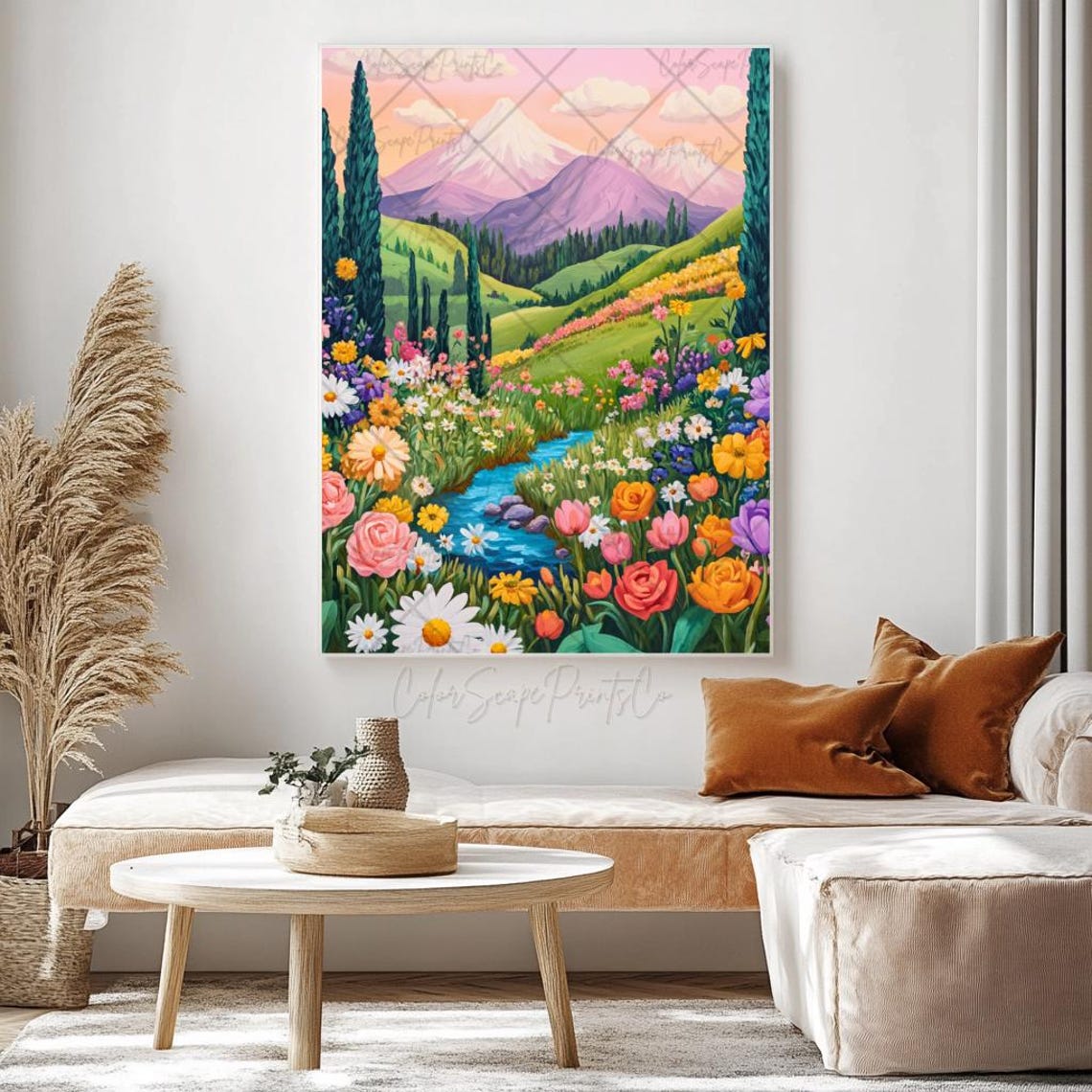 Wildflower Meadow Mountain Valley Stream Scenic Landscape Poster - Image 4