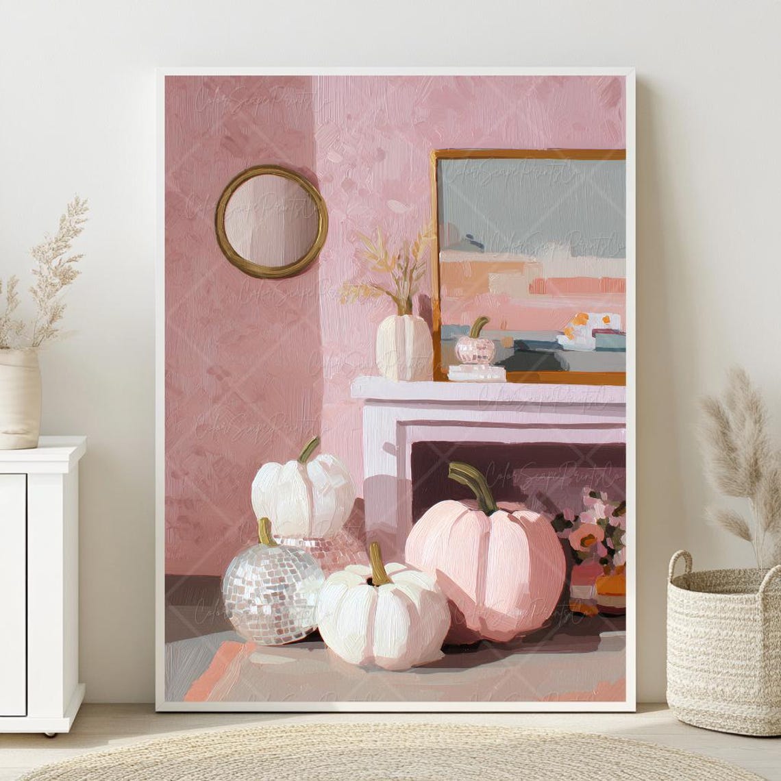 Pink Fall Interior White Pumpkins Disco Ball Fireplace Poster
