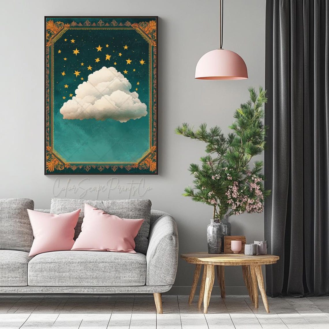 Fluffy White Cloud Starry Teal Night Sky Celestial Art Poster - Image 3