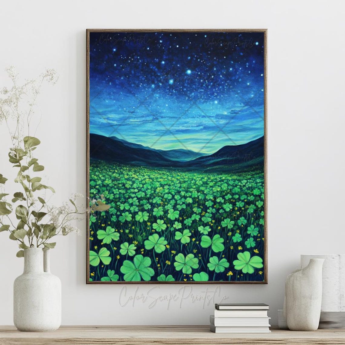 Glowing Clover Field Beneath Starry Midnight Sky Irish Art Poster - Image 4