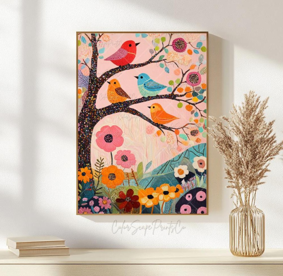 Cute Little Birds Art Print, Whimsical Garden Birds