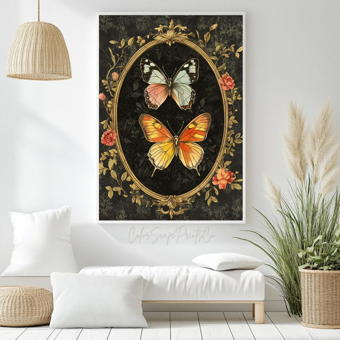 Butterfly Painting Butterfly Wall Art Antique Moth Wall Art Colorful Butterflies Art Dark Moody Insect Flower Butterflies Painting - Image 3