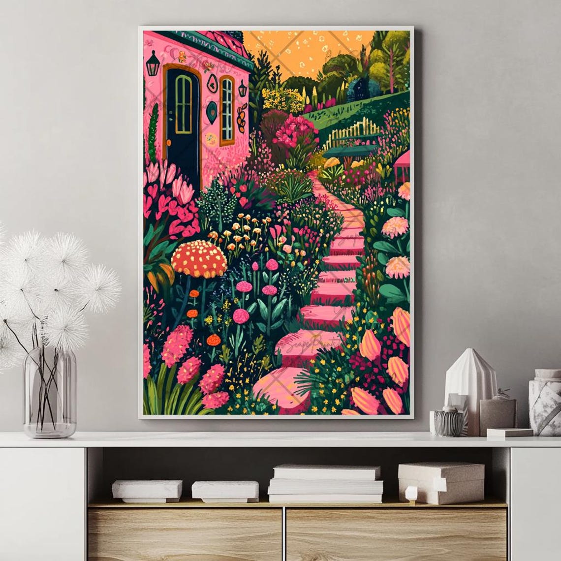 Flower Garden Painting Garden Illustration Colorful Wall Art Colorful Houses Print Whimsical Garden Print Vibrant Scenery Floral Landscape - Image 4