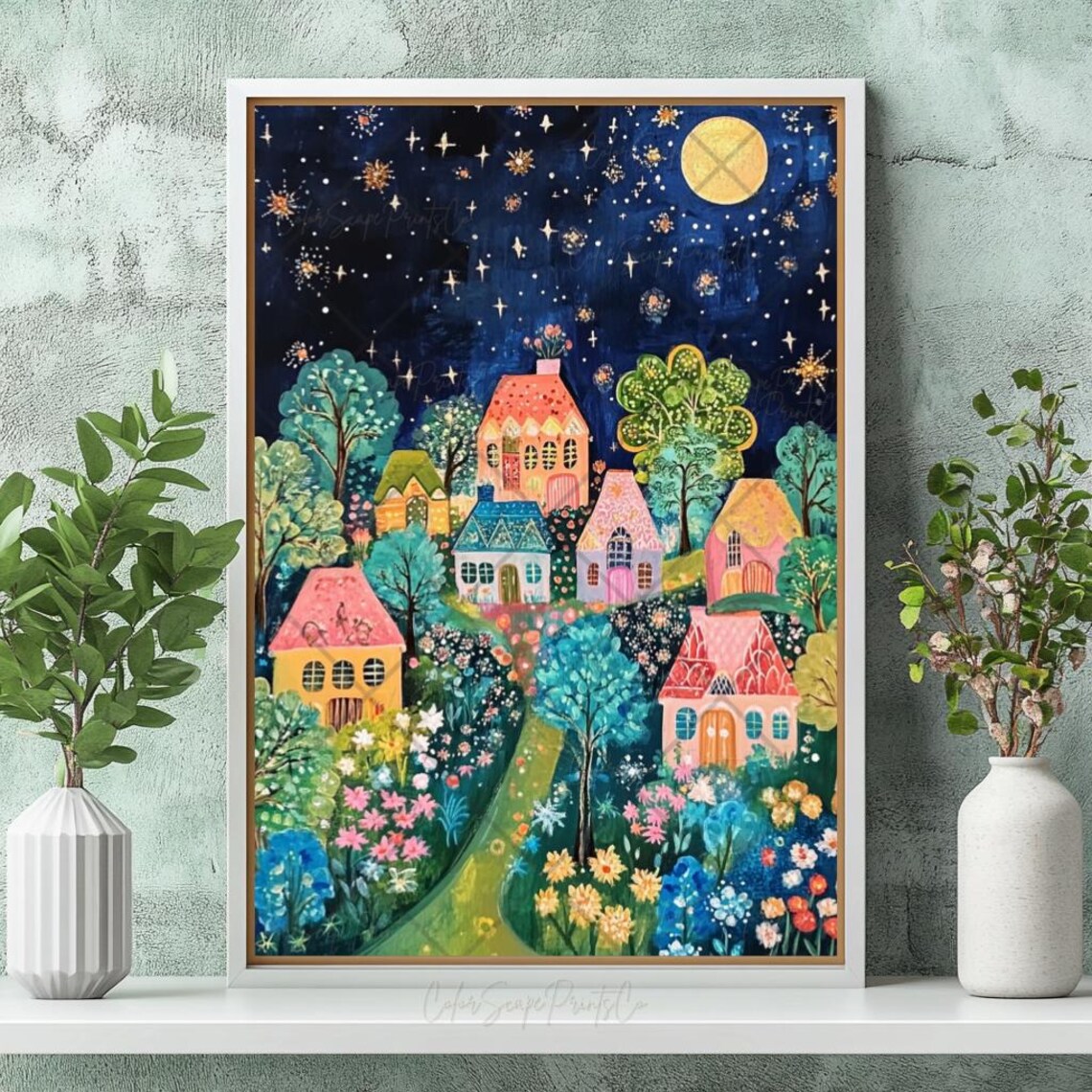 Storybook Village Under Full Moon Starry Night Cottages Poster - Image 3