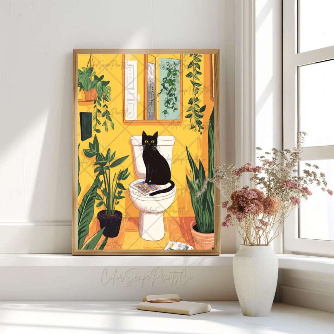 Black Cat Reading Newspaper on Toilet Yellow Bathroom Poster - Image 4