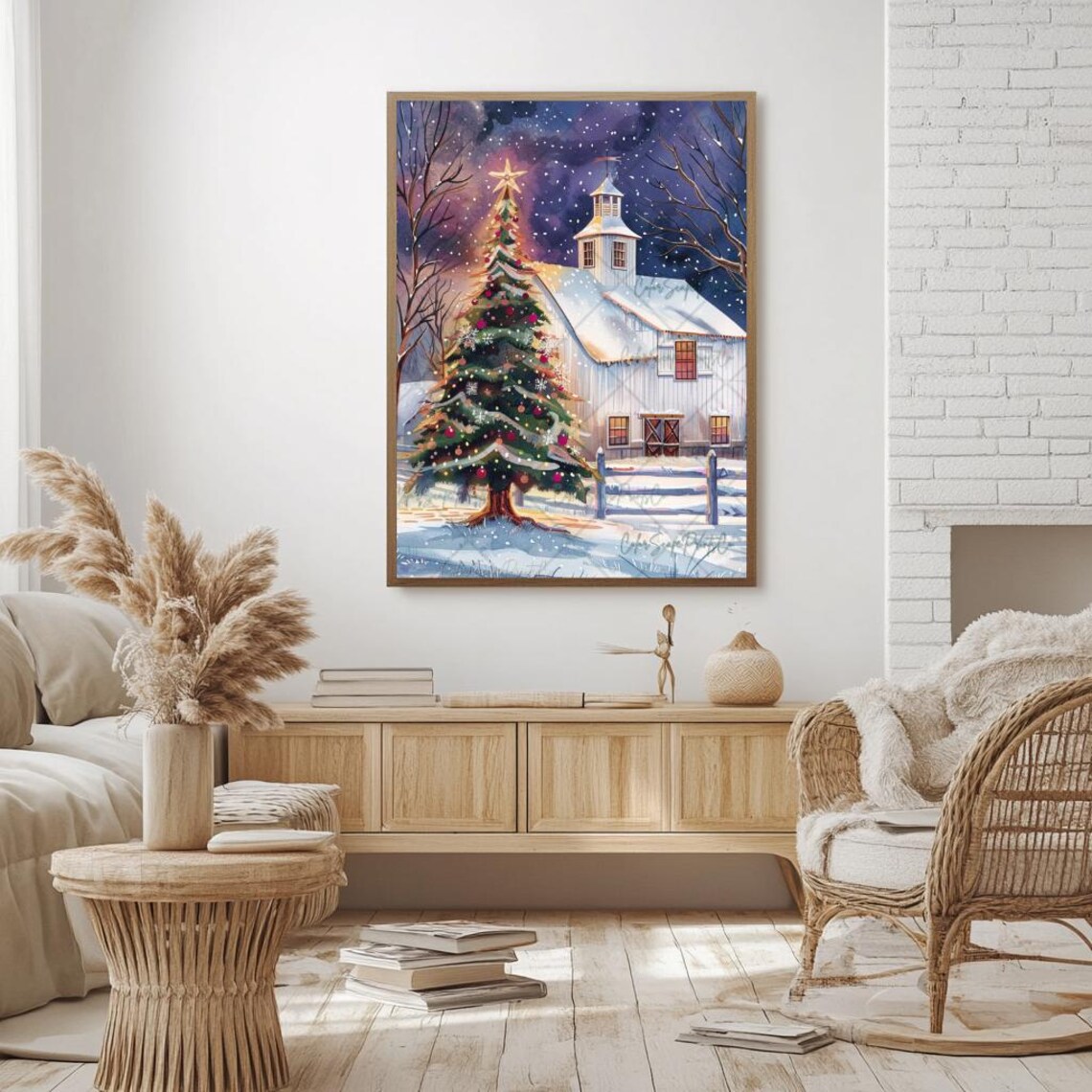 White Barn with Lit Christmas Tree in Snow Night Watercolor Poster - Image 3