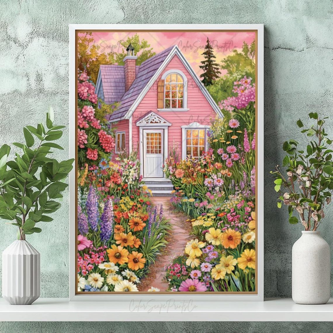 Pink Cottage With Overflowing Flower Garden Cottagecore Poster - Image 2