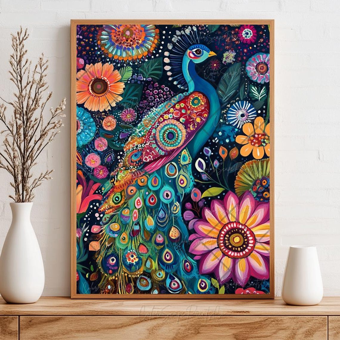 Vibrant Peacock Mandala Flower Garden Dark Botanical Art Poster - Image 2