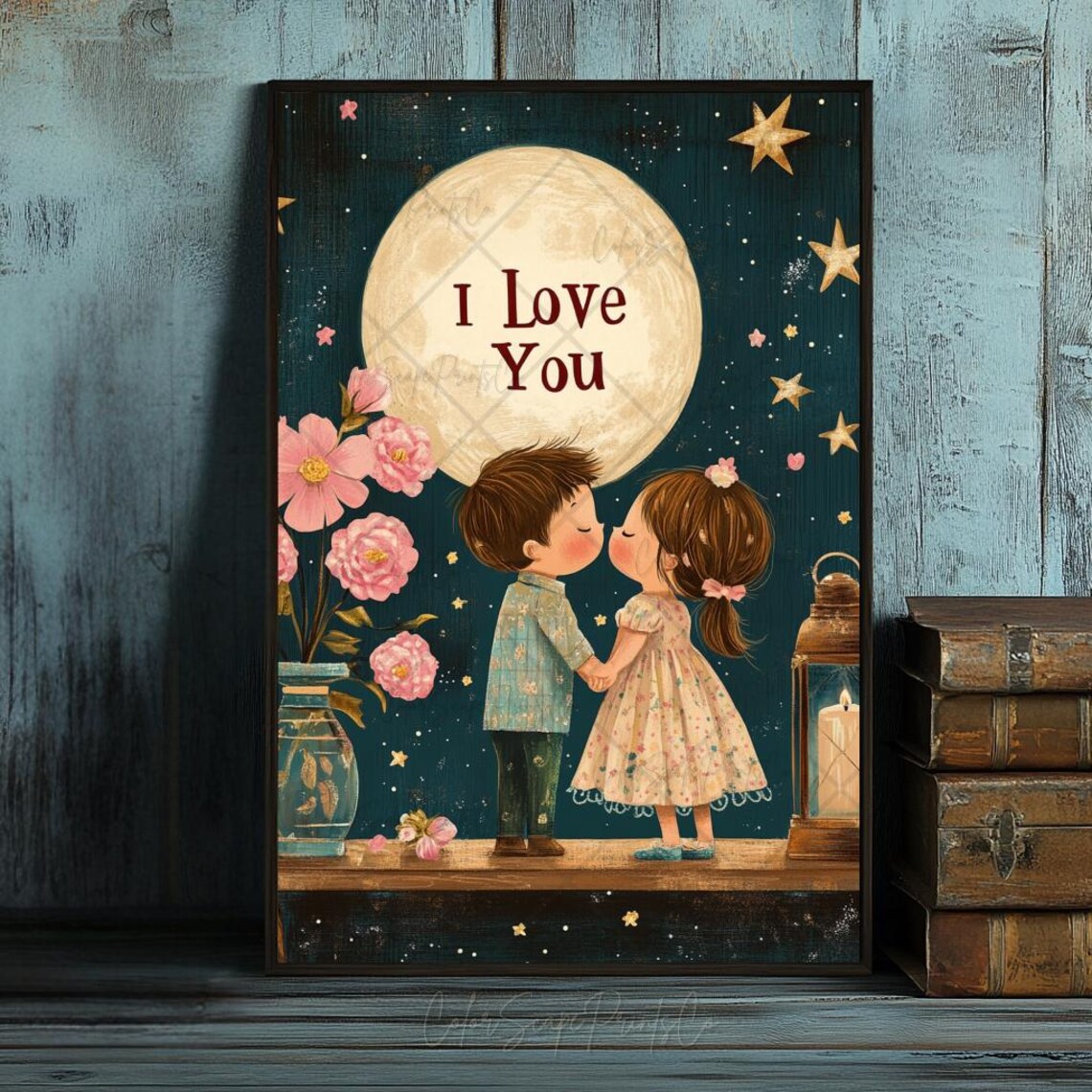 Sweet I Love You Kiss Under the Glowing Full Moon Kids Poster - Image 2
