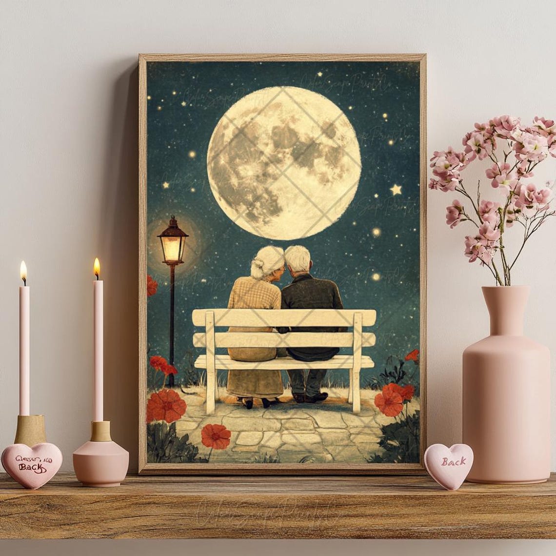 Elderly Couple on a Bench Under the Full Moon at Night Poster - Image 2