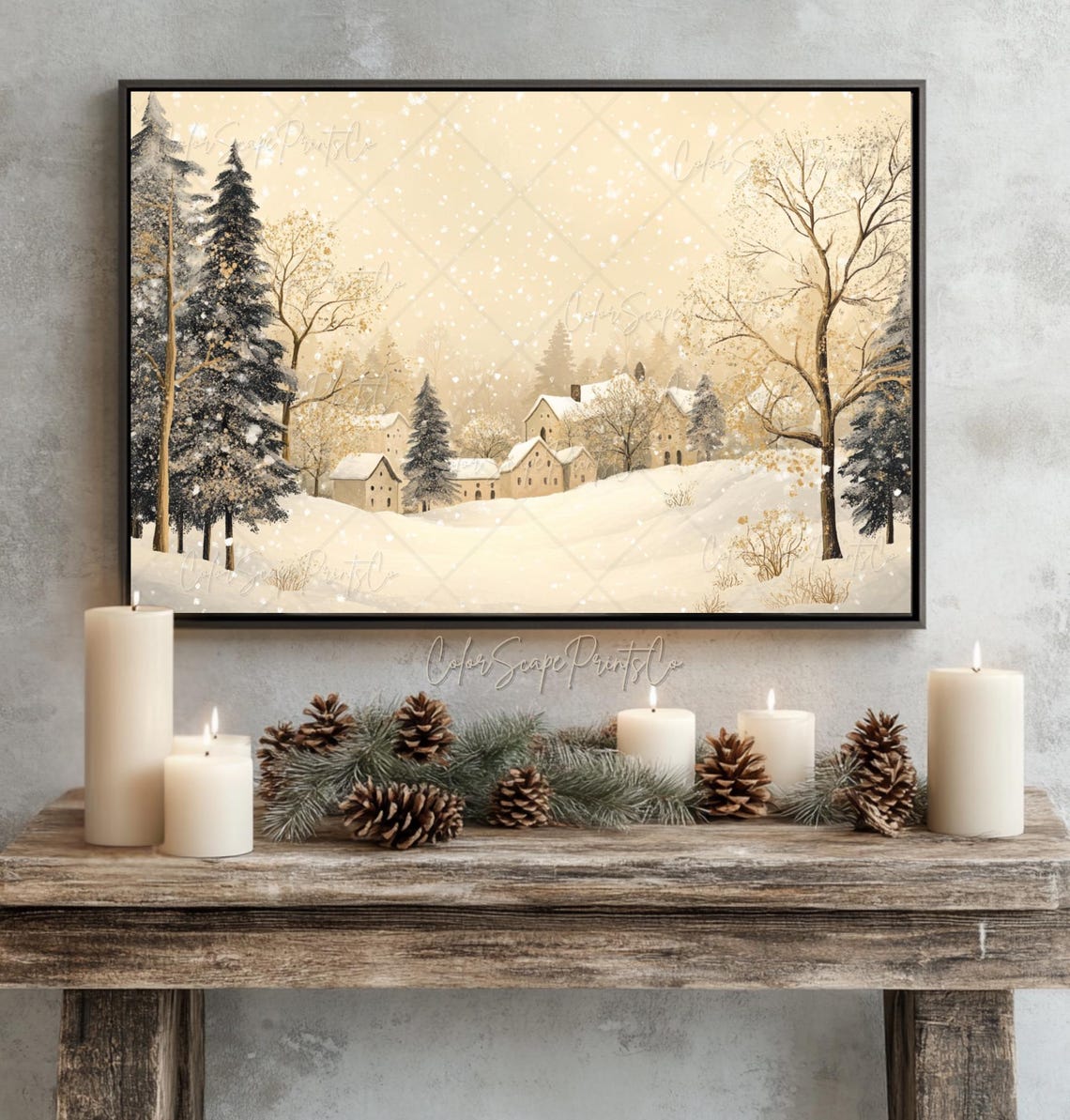 Christmas Village Winter Print Rustic Village Print Vintage Winter Art Winter Landscape Painting Snowy Pine Trees Art Winter Scene Painting - Image 3