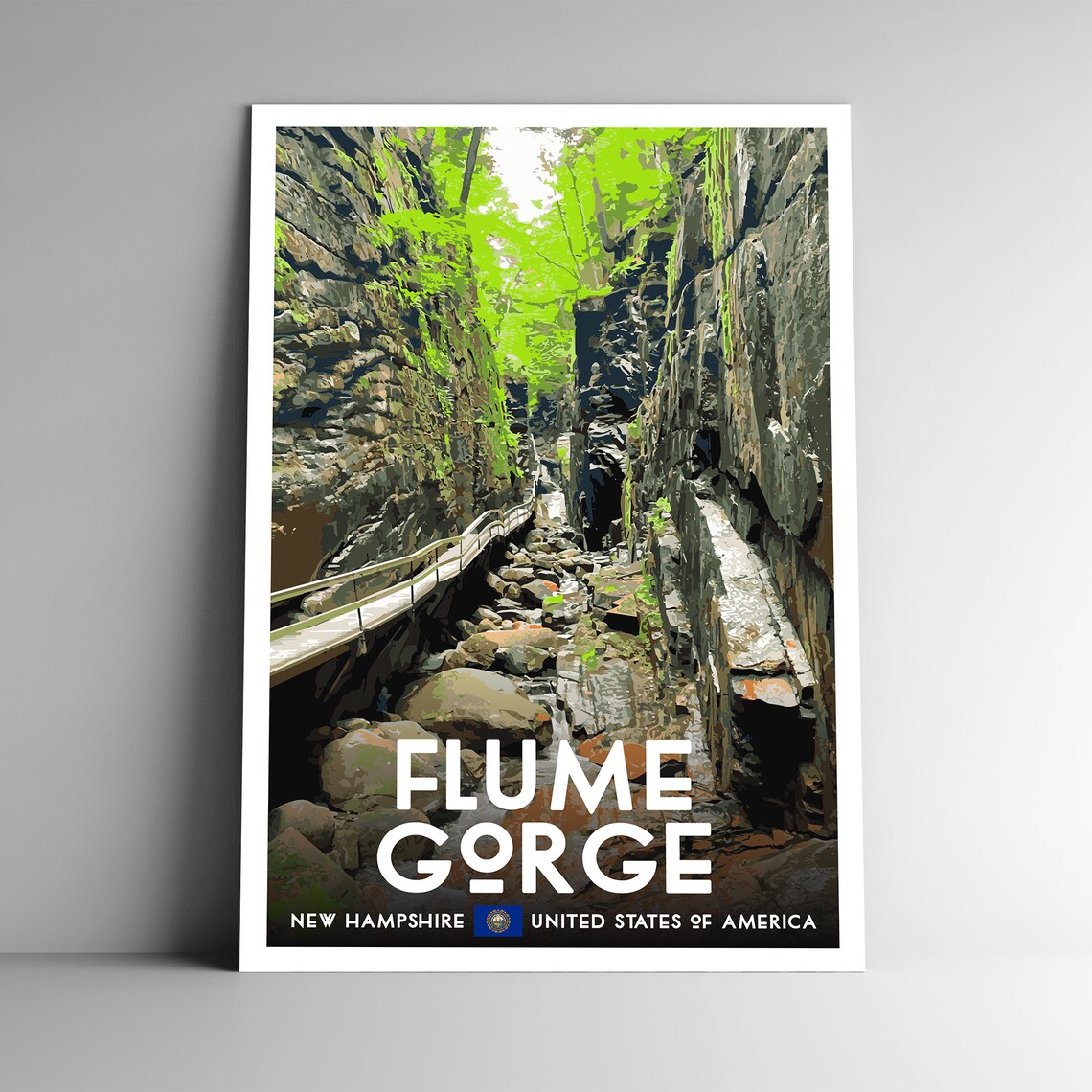Flume Gorge Vintage Style Travel Poster, New Hampshire