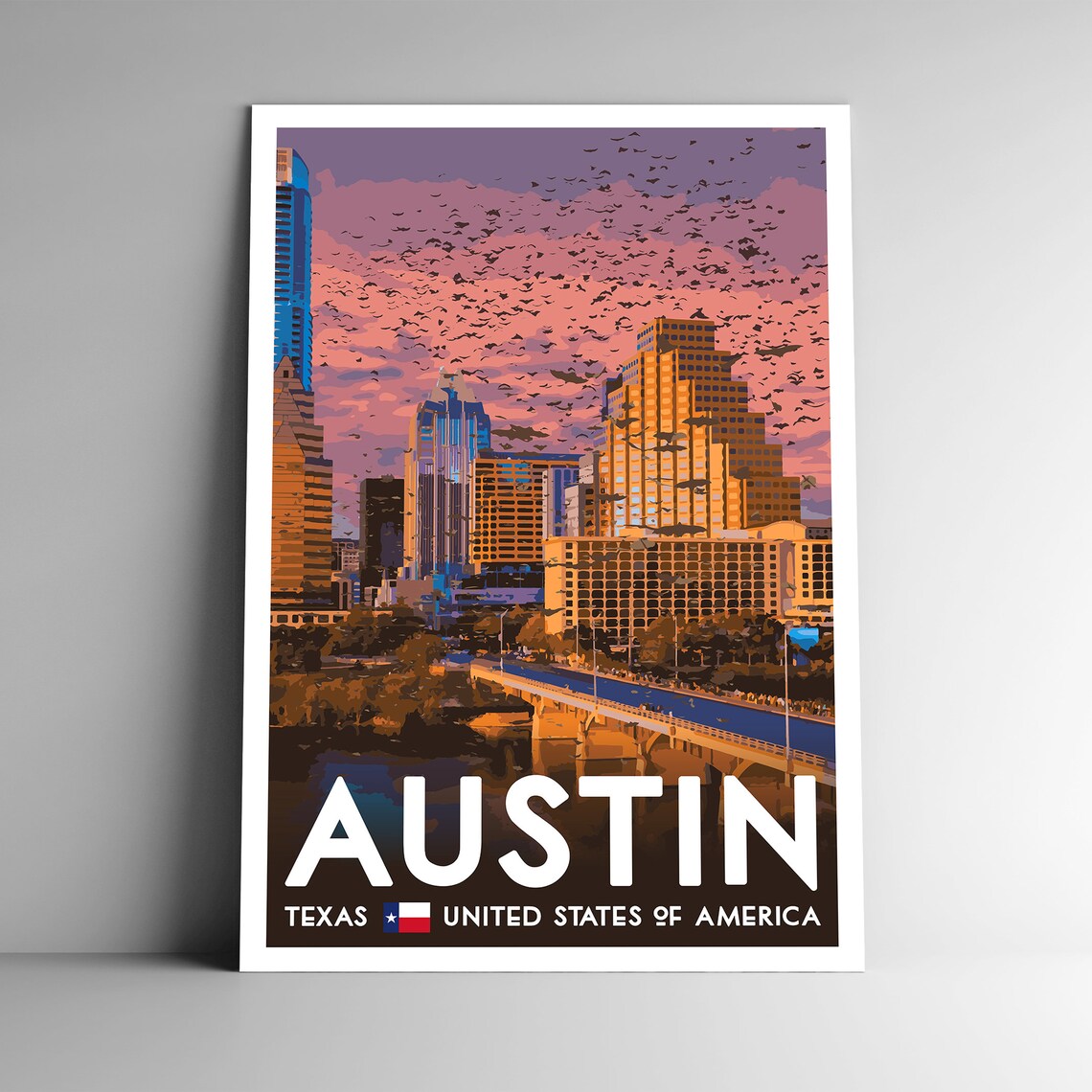 Austin Texas Vintage Style Travel Poster, Retro Art Print