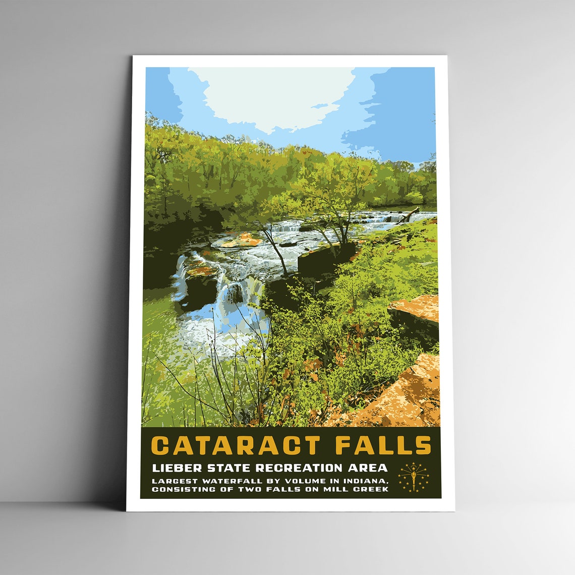 Cataract Falls Indiana State Park Waterfall Vintage Travel Poster