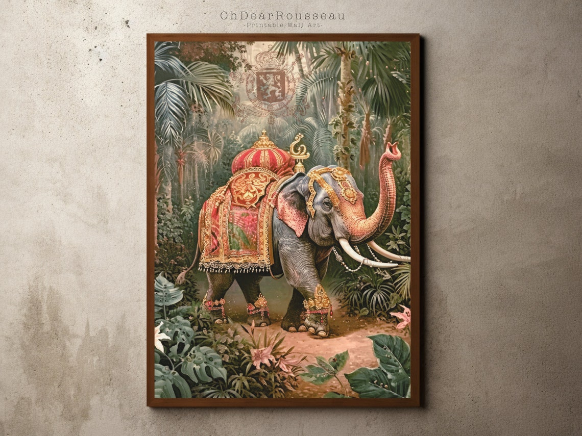 Vintage Colonial Decorated Ceremonial Elephant Jungle Art Poster