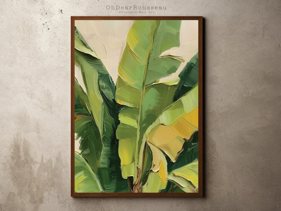 Lush Banana Leaves Textured Green Botanical Oil Painting Poster