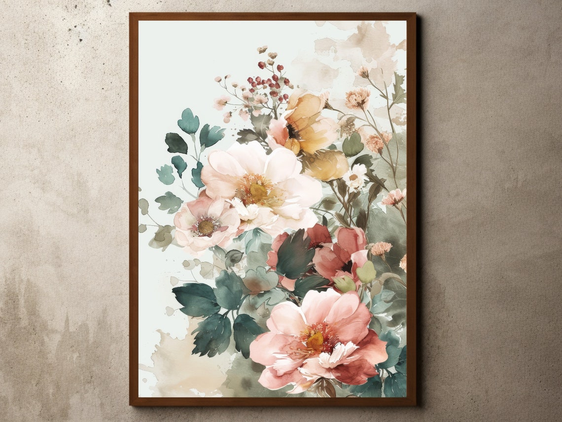 Blush Pink Watercolor Floral Bouquet Soft Botanical Romantic Wall Art
