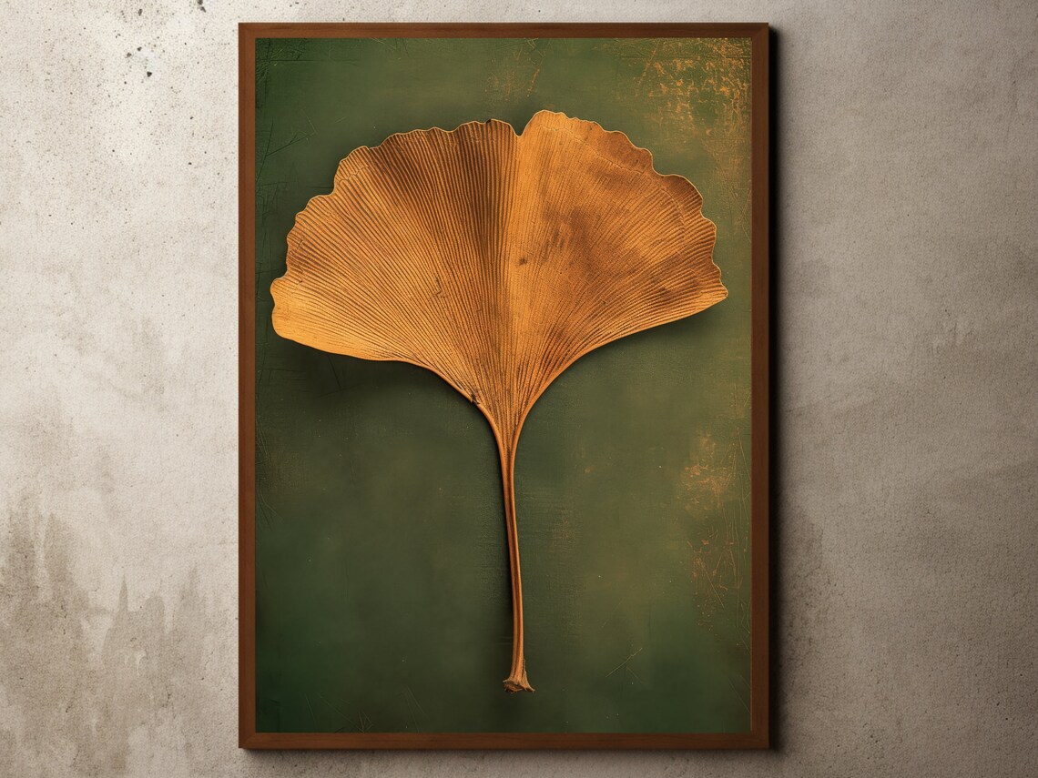Golden Ginkgo Leaf Moody Botanical Dark Green Framed Art Print