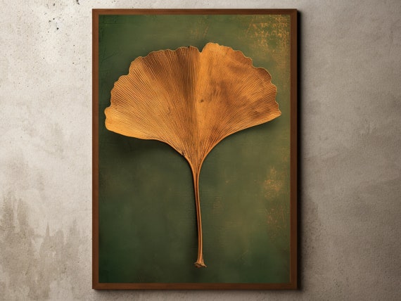 Golden Ginkgo Leaf Moody Botanical Dark Green Framed Art Print